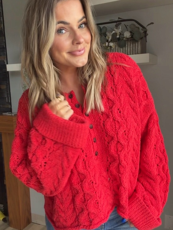 Free People Sweaters - Free People Red Cable Knit V-Neck Henley Sweater